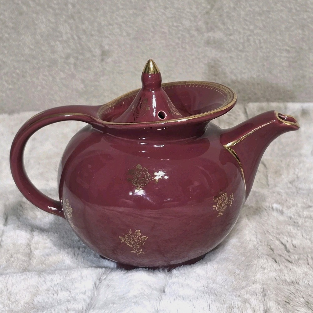 VINTAGE Hall 6 Cup Teapot #0694 Windshield Burgundy Maroon Gold Roses & Trim USA